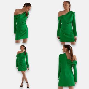 Misha Cormac One Shoulder Satin Island Green Mini Dress‎ Size Medium EU 38